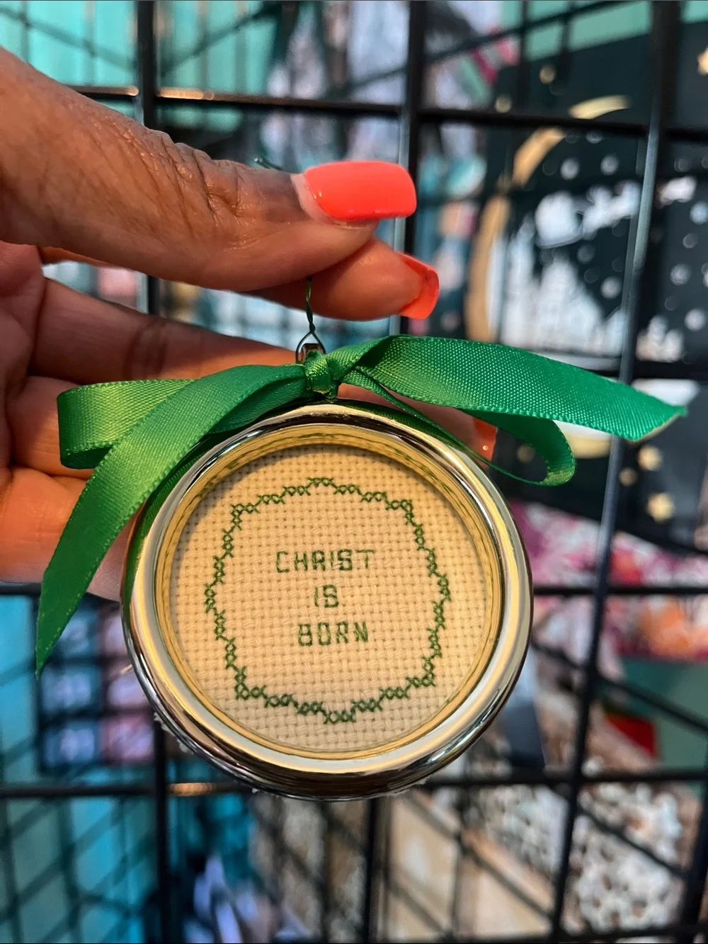 Hand Crafted Christ Is Born Cross-Stitched Holiday Ornament with Green Ribbon